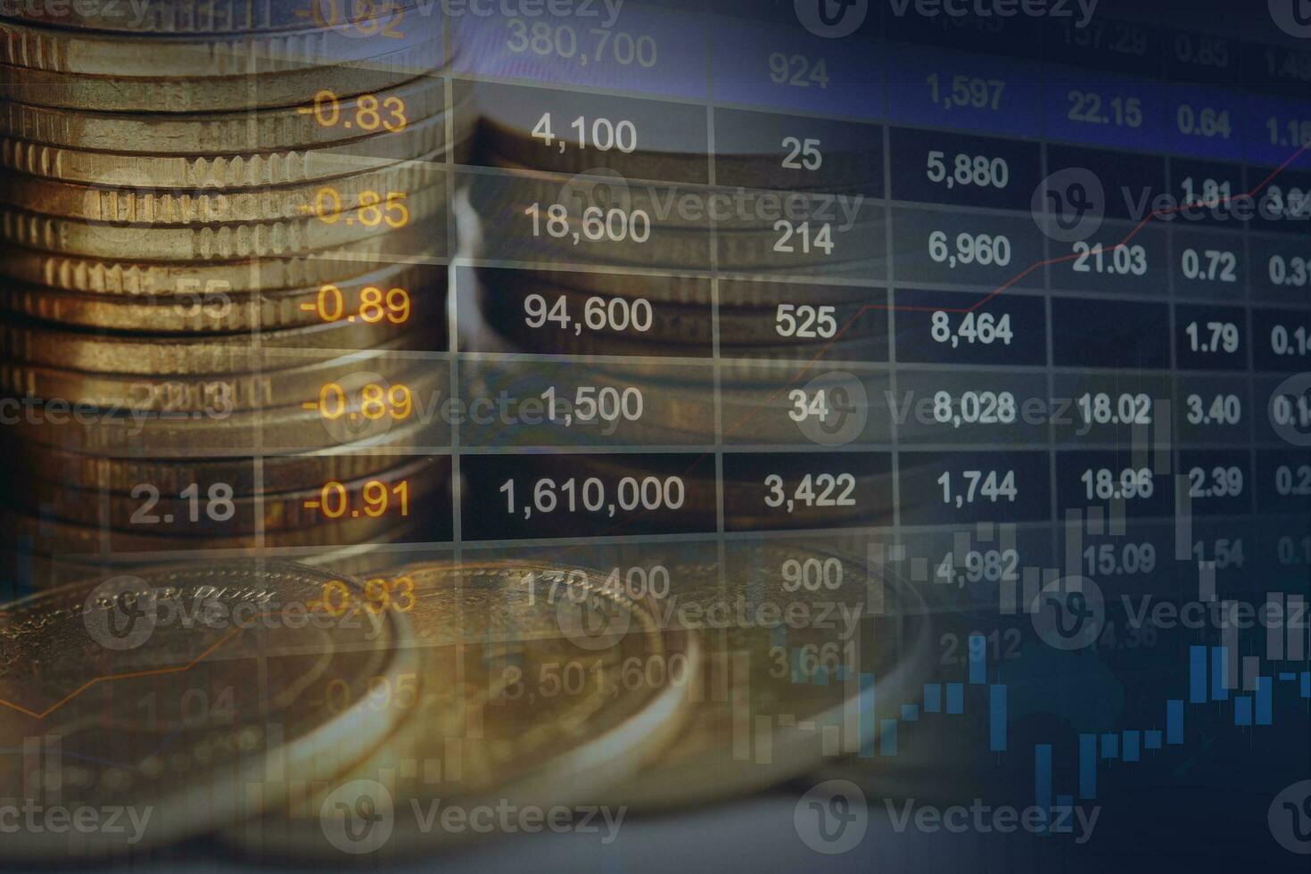 Stock market investment trading financial, coin and graph chart or Forex for analyze profit finance business trend data background. photo