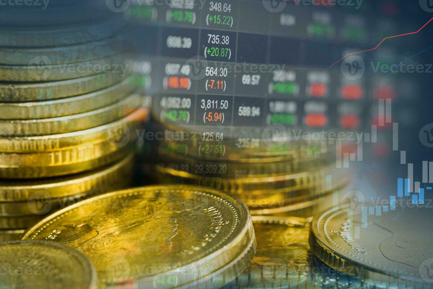 Stock market investment trading financial, coin and graph chart or Forex for analyze profit finance business trend data background. photo