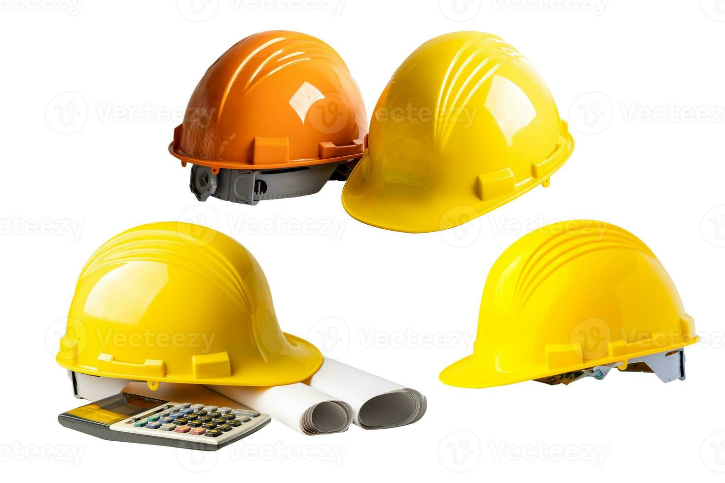 Helmet and Architectural and house plan project blueprint with calculator isolated on white background. photo