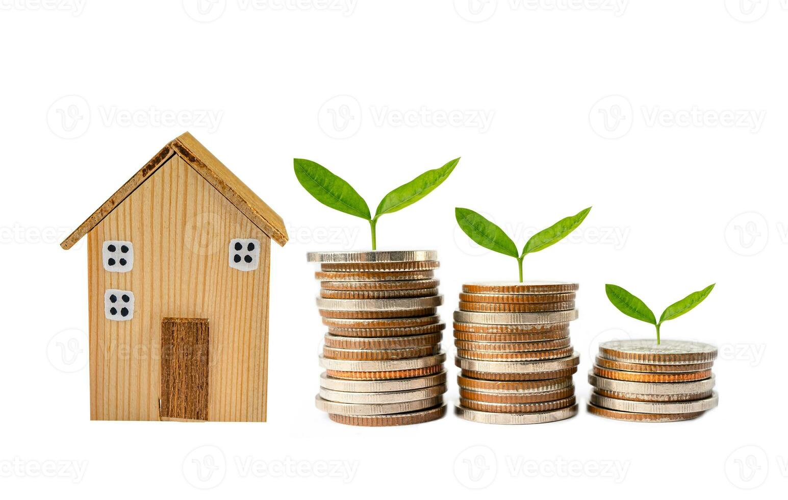 House model with growing plant on stack of coin money, home loan, saving plan, installment payment finance and banking concept. photo
