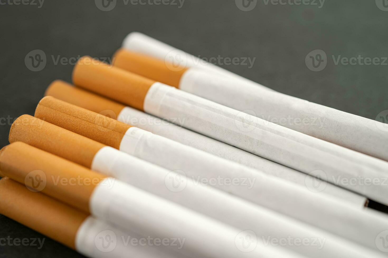 Cigarette, tobacco in roll paper with filter tube, No smoking concept. photo