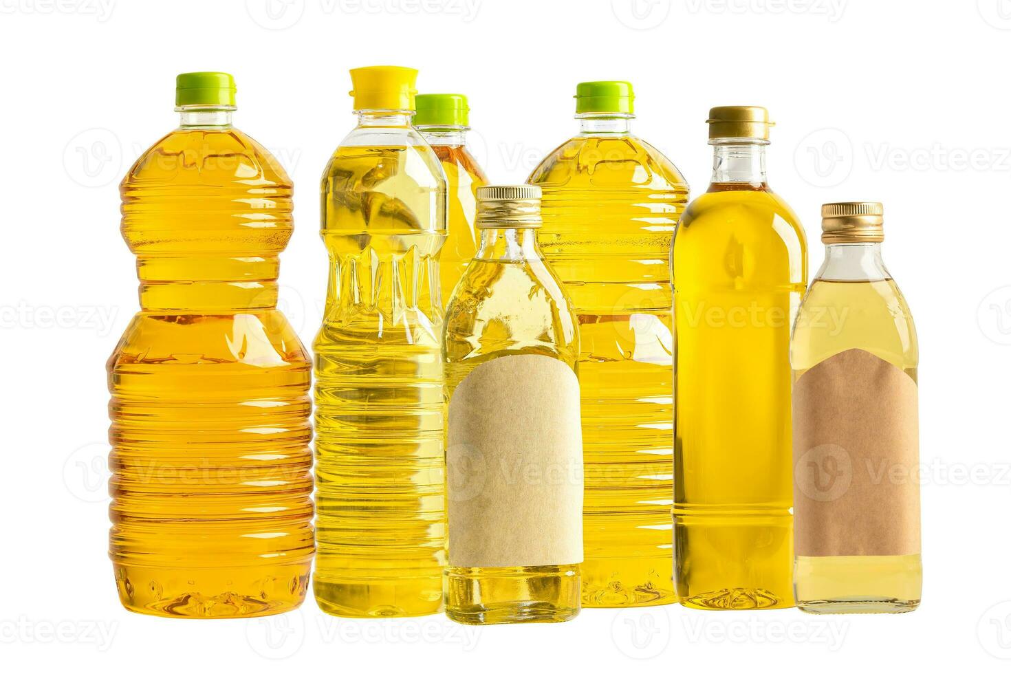 Vegetable oil with olive oil in different bottle for cooking isolated on white background. photo