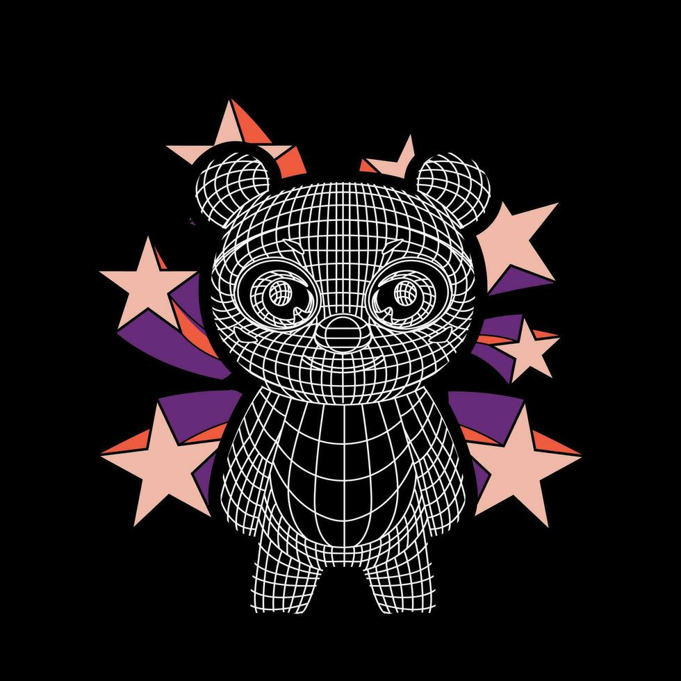 T-shirt design of a bear surrounded by stars on a black background. Linear illustration for Valentine's Day. vector