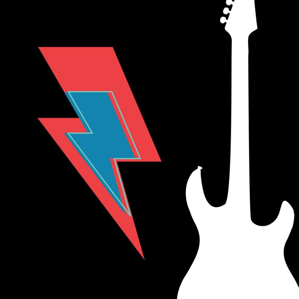 Thunderbolt symbol t-shirt design with the silhouette of a white guitar on a black background. Glam rock poster vector