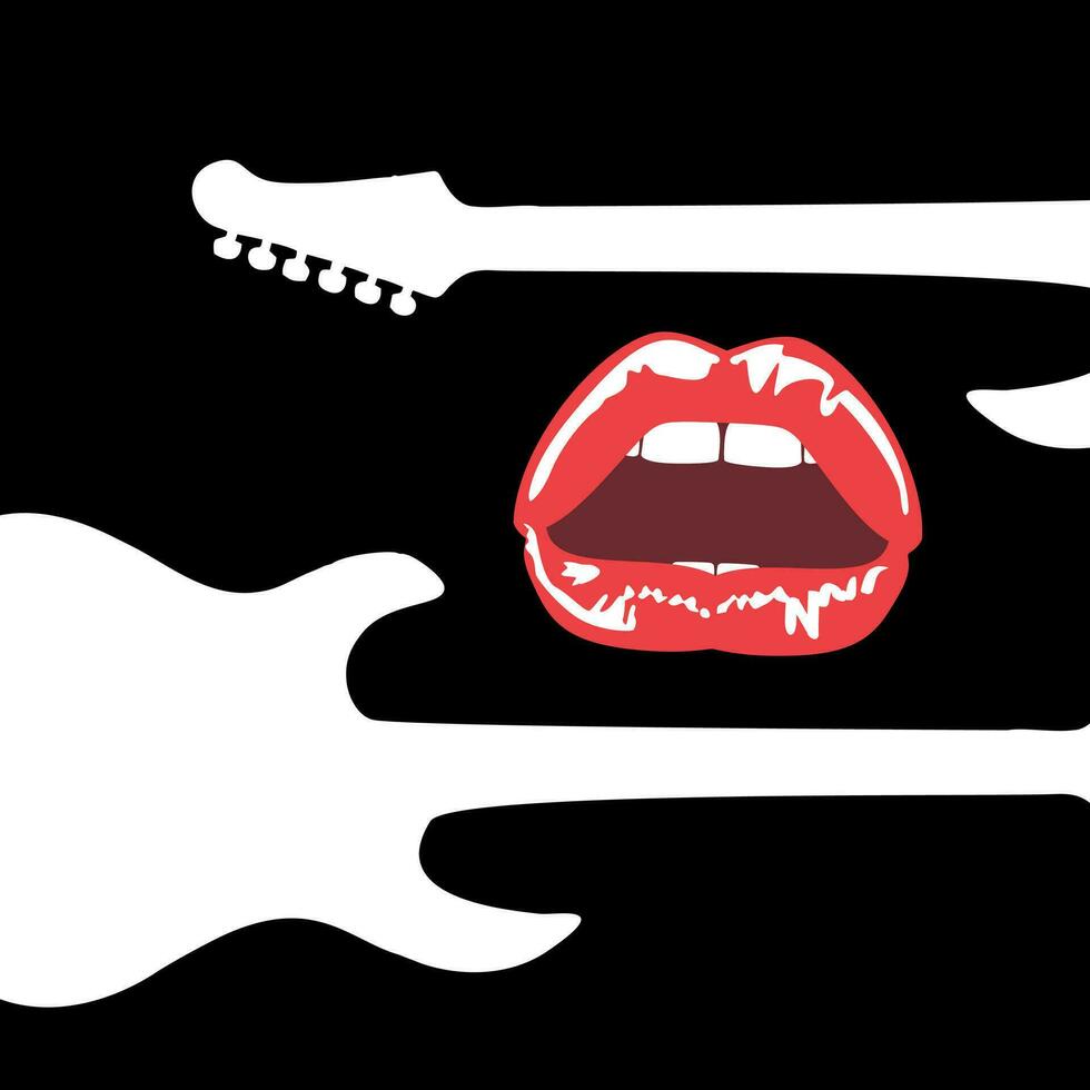 T-shirt design with the white silhouette of an electric guitar and red lips. Vector illustration in the style of glamorous eighties rock.