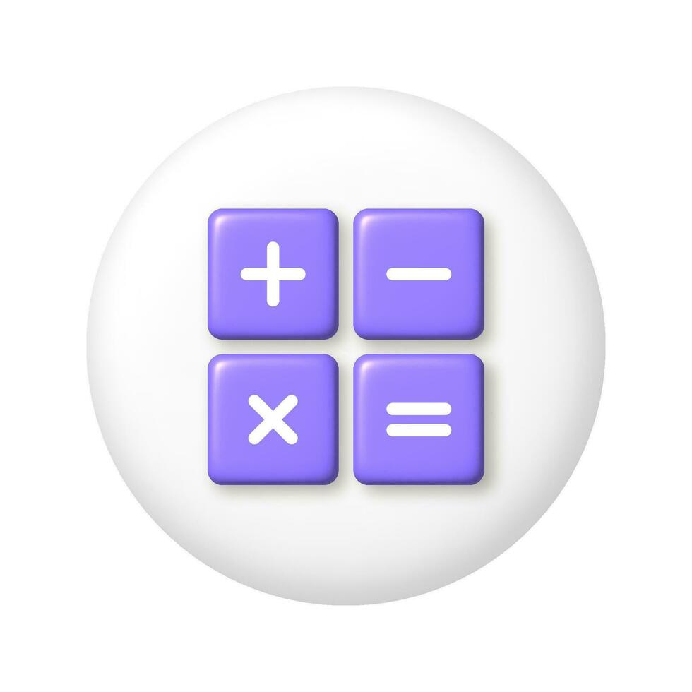 Purple arithmetic icons on white button. 3D vector illustration.
