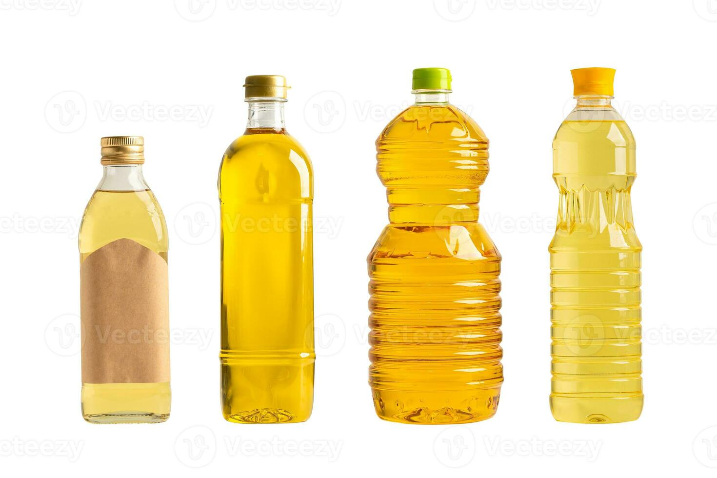 Vegetable oil with olive oil in different bottle for cooking isolated on white background with clipping path. photo