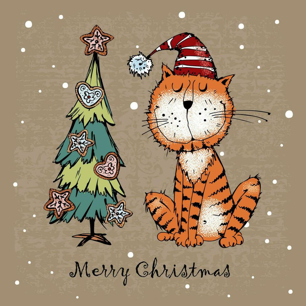 Christmas card with a cute cat in a hat with gifts.  Vector. vector