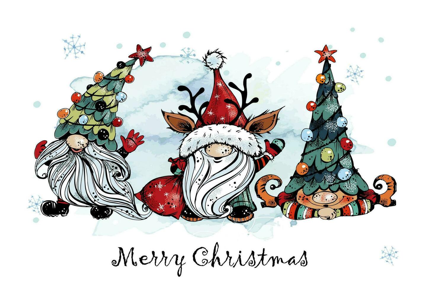 Christmas card with funny Nordic gnomes with gifts.  Doodle style. Vector. vector