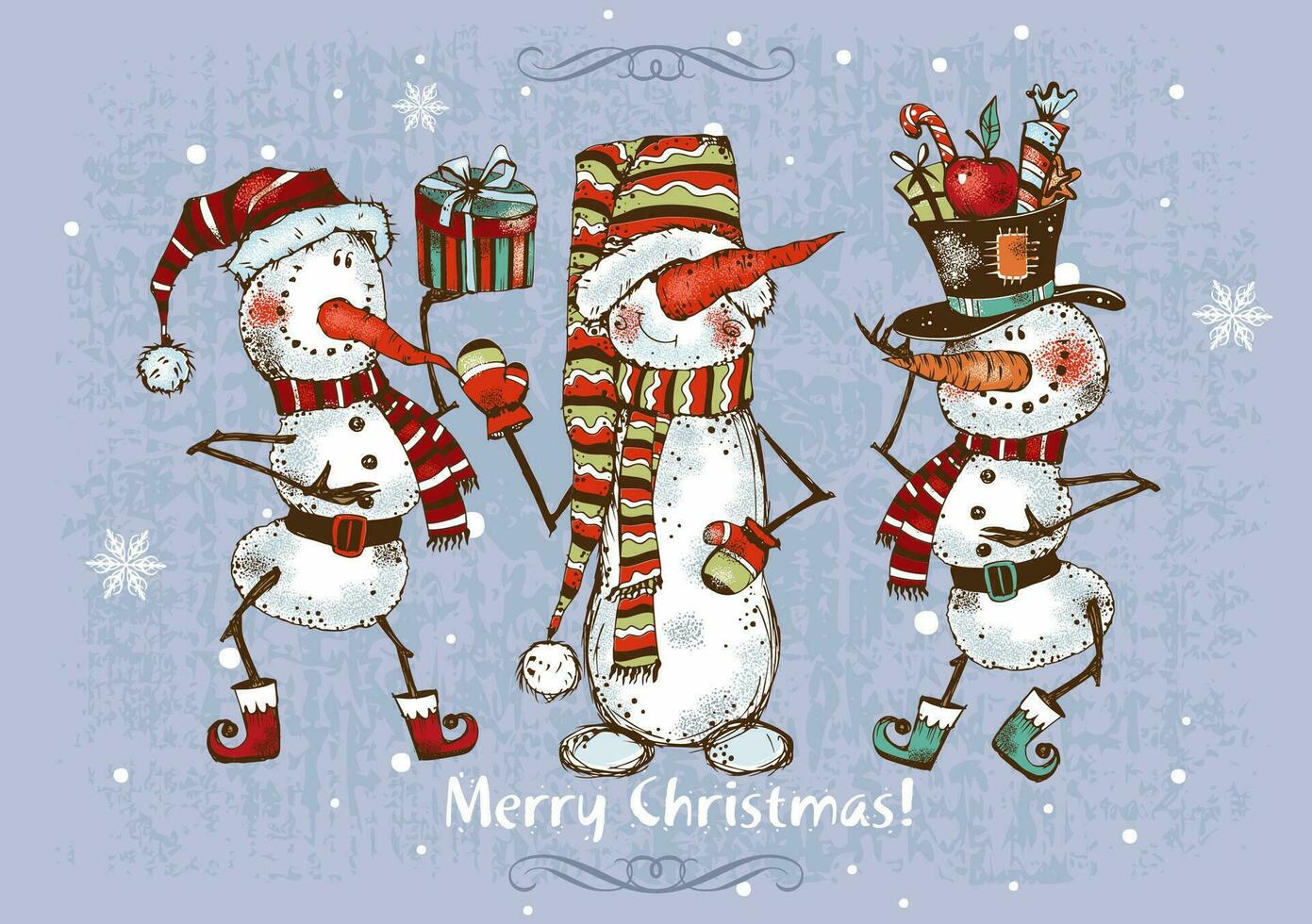 Christmas card.  Cute funny snowmen with gifts.  Vector. vector