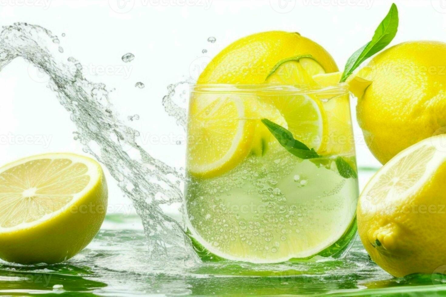 agua salpicaduras en limones y verde té hoja. ai generativo Pro foto