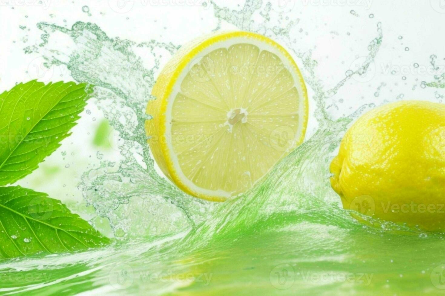 Water splashing on lemons and green tea leaf. AI Generative Pro Photo