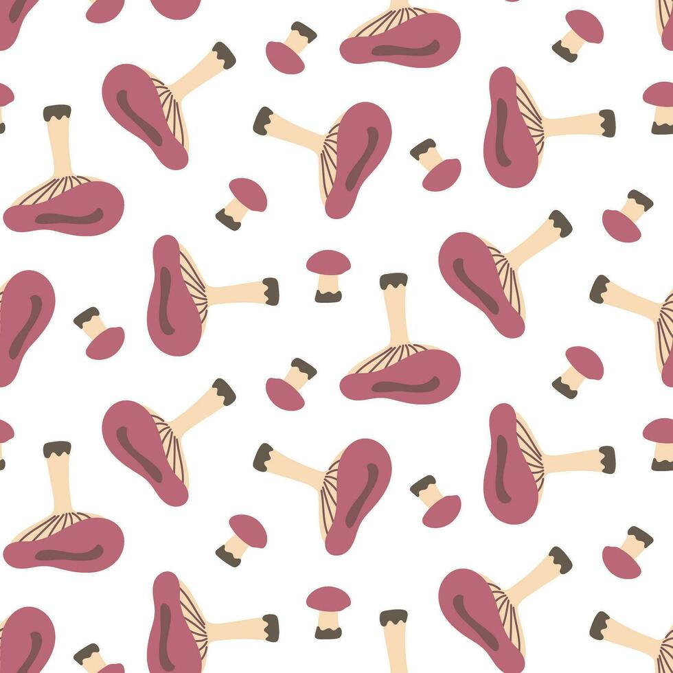 Pattern with purple russula on white background. Cartoon flat vector large and small mushroom in different positions. Design template for textiles, wallpaper, print. russula on a seamless background