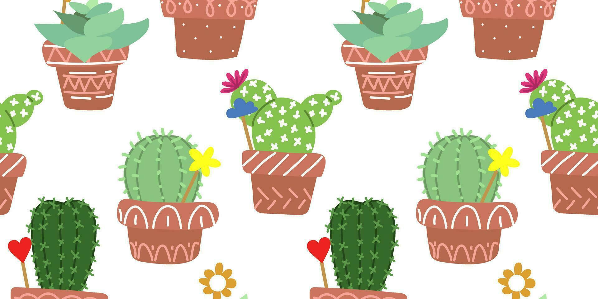 A pattern with homemade cacti in pots. Seamless texture for printing. Flat vector indoor plants on a white background. Children's prickly cute texture. House plants are flat, growing upwards