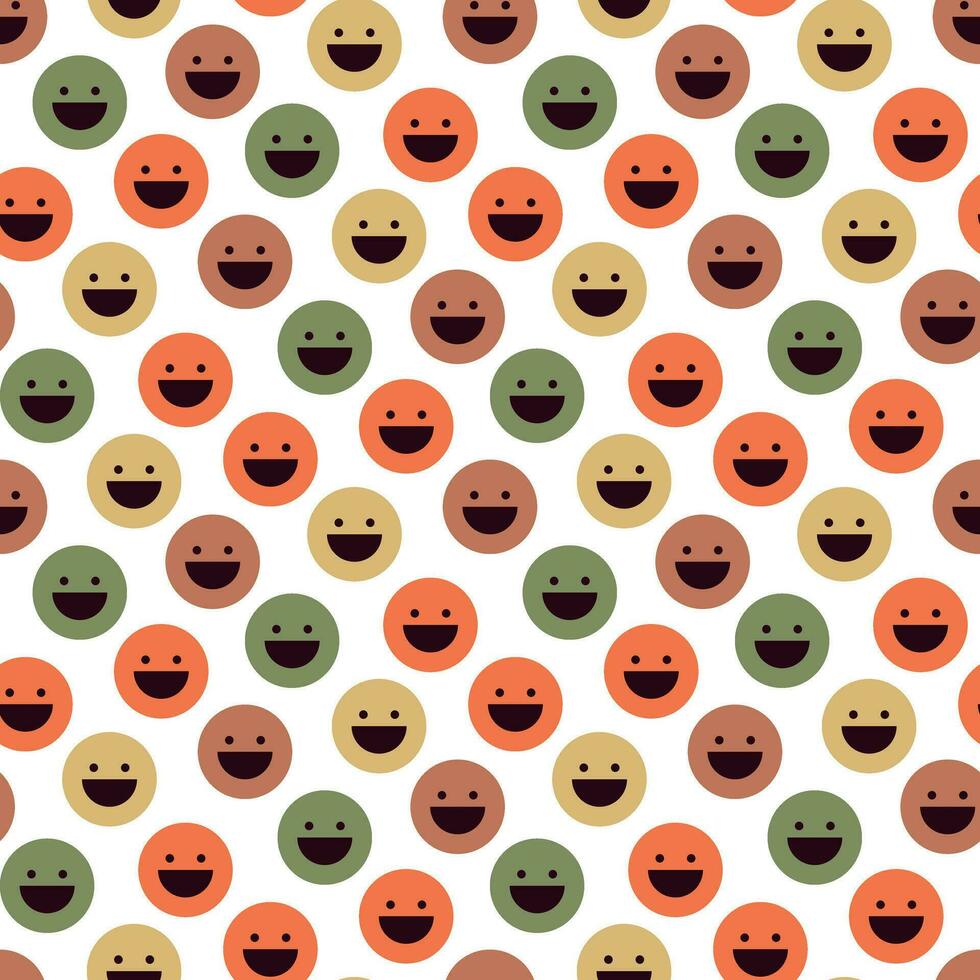 Seamless pattern of multicolored laughing retro faces on a white background. Vector illustration for fun and happy designs. Smile, laugh, turn, crazy. Perfect for wallpaper, fabrics and backgrounds