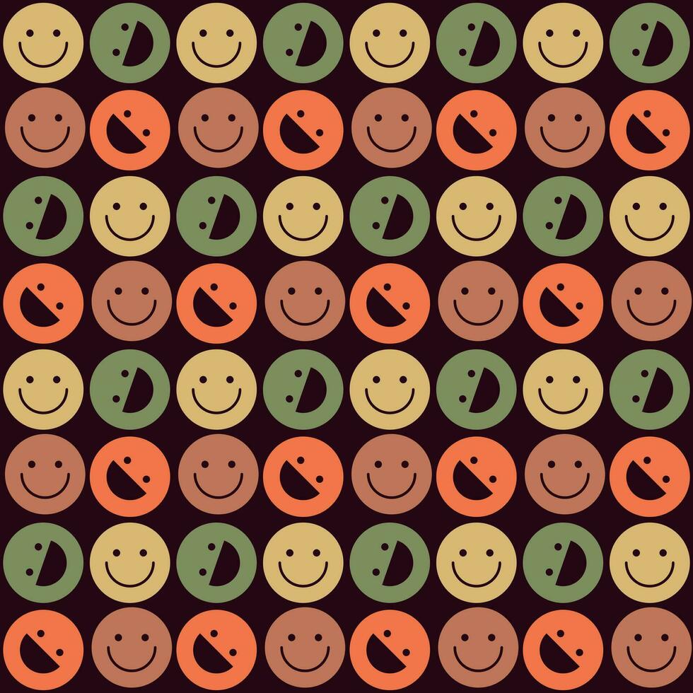 Retro illustration with laughing emojis from the 70s for printing on a brown. Seamless vector graphic illustration of inverted smiling elements. Repeating texture for printing on textiles and paper