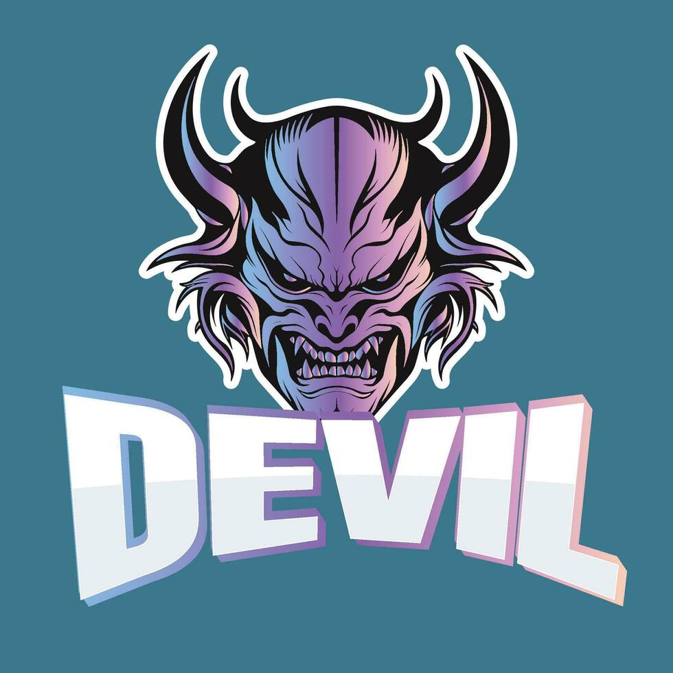 Devilish Purple Horned Demon with Sharp Teeth on Solid Blue Background vector