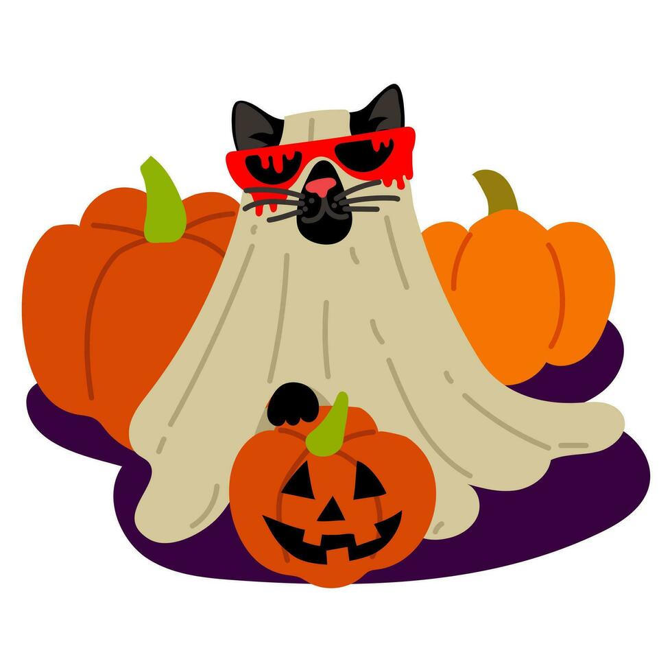 A cat in a Halloween sheet with a pumpkin with a carved face on a pumpkin background. A black cat with glasses with bloody smudges. Flat vector illustration on white. Costume for a cat with glasses