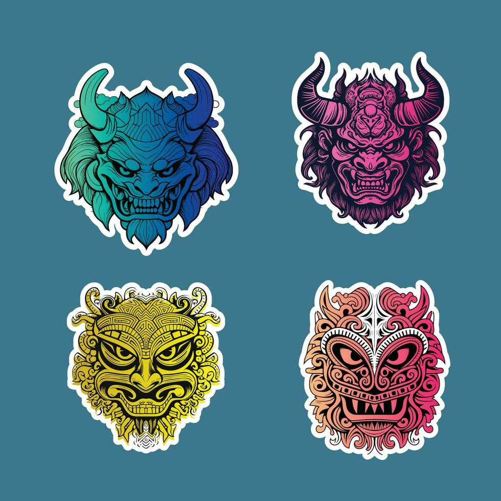 Sticker of Four Colorful Demon face on Blue Background vector