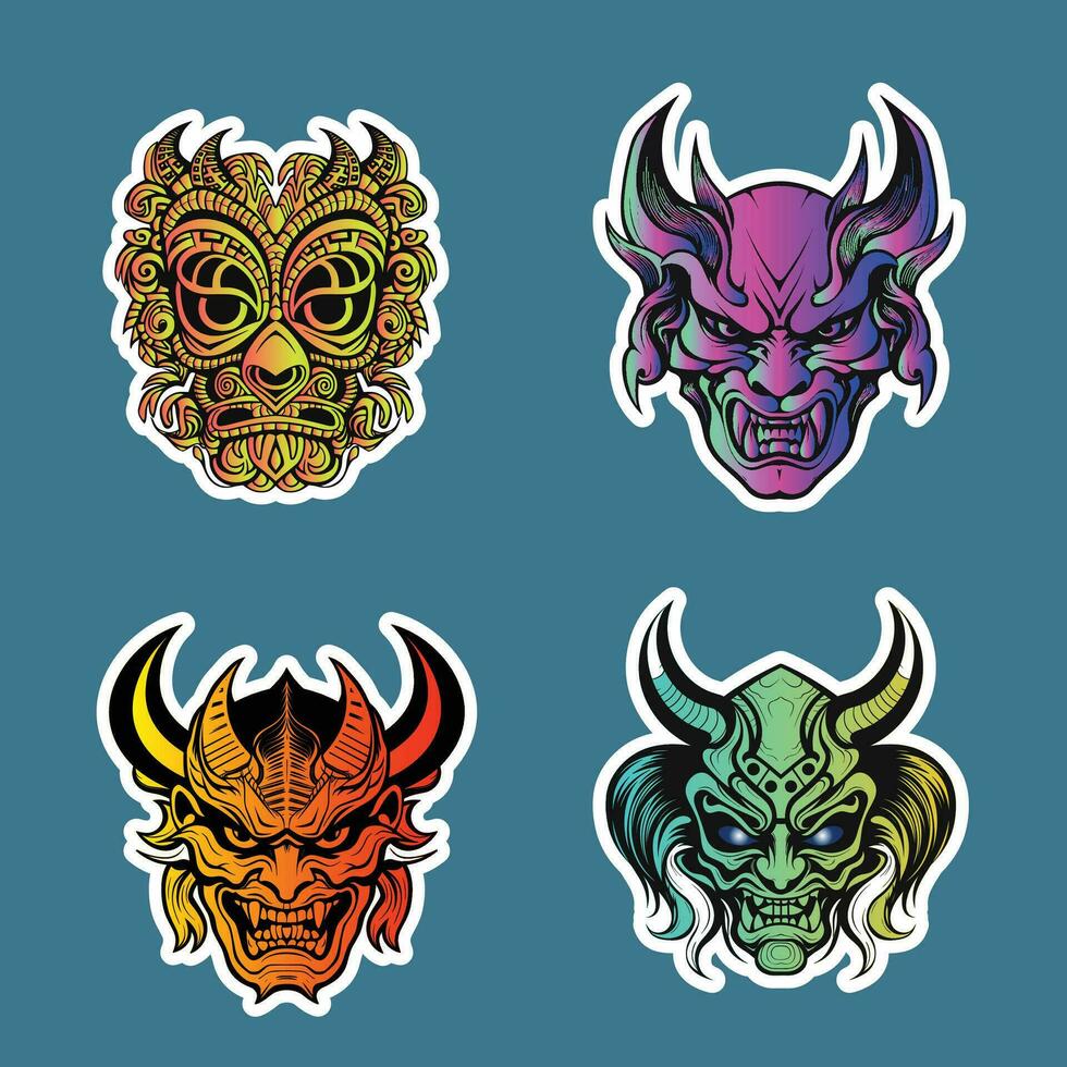 Sticker of Four Colorful Demon Masks on Blue Background vector