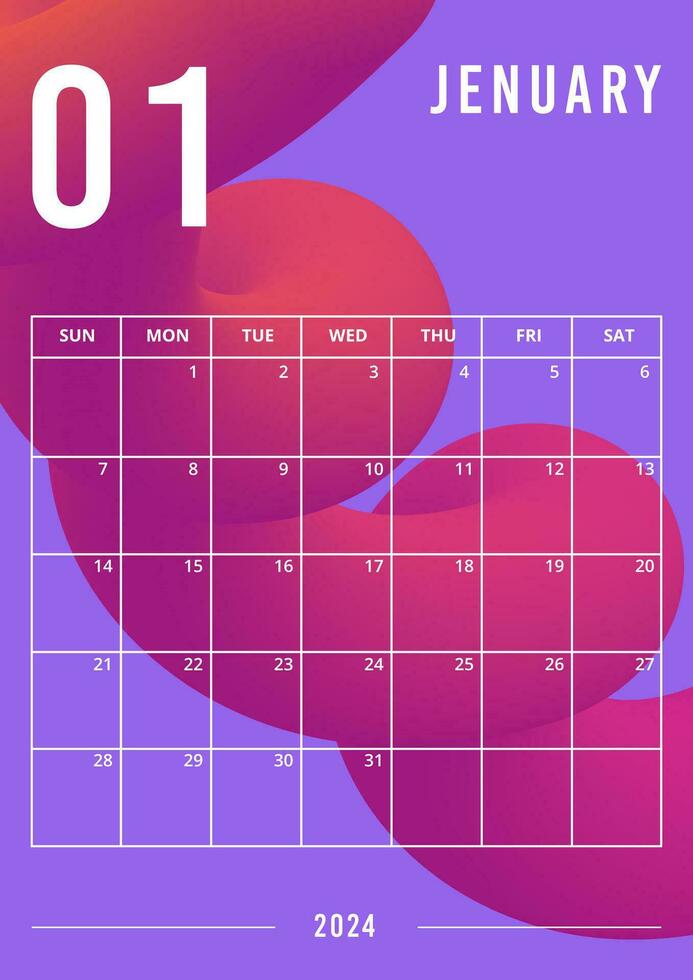 Planner vertical page on January 2024 year template of 3d gradient design vector