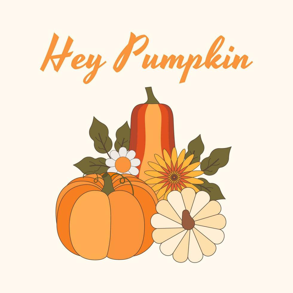 Hey pumpkin autumn retro postcard in 70s80s style vector