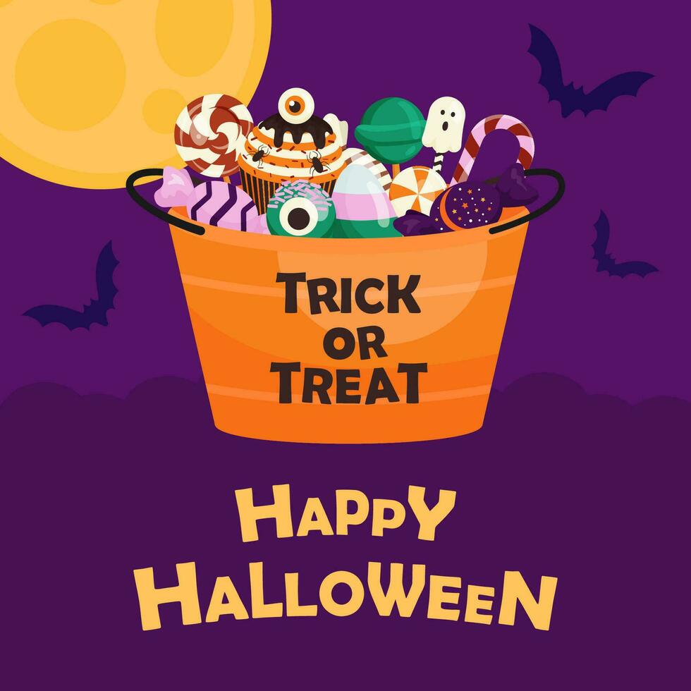 Happy halloween square card with bucket of sweets design vector