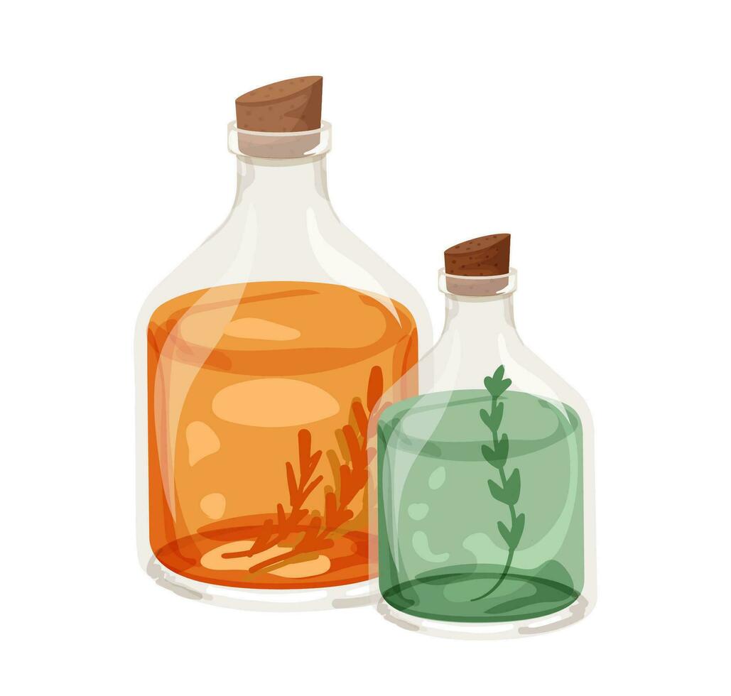 Glass bottles with natural cosmetic oils and flowers inside vector