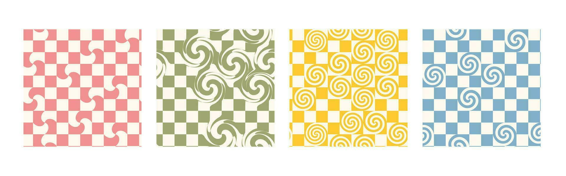 Retro groovy checkerboard with swirl seamless pattern set vector