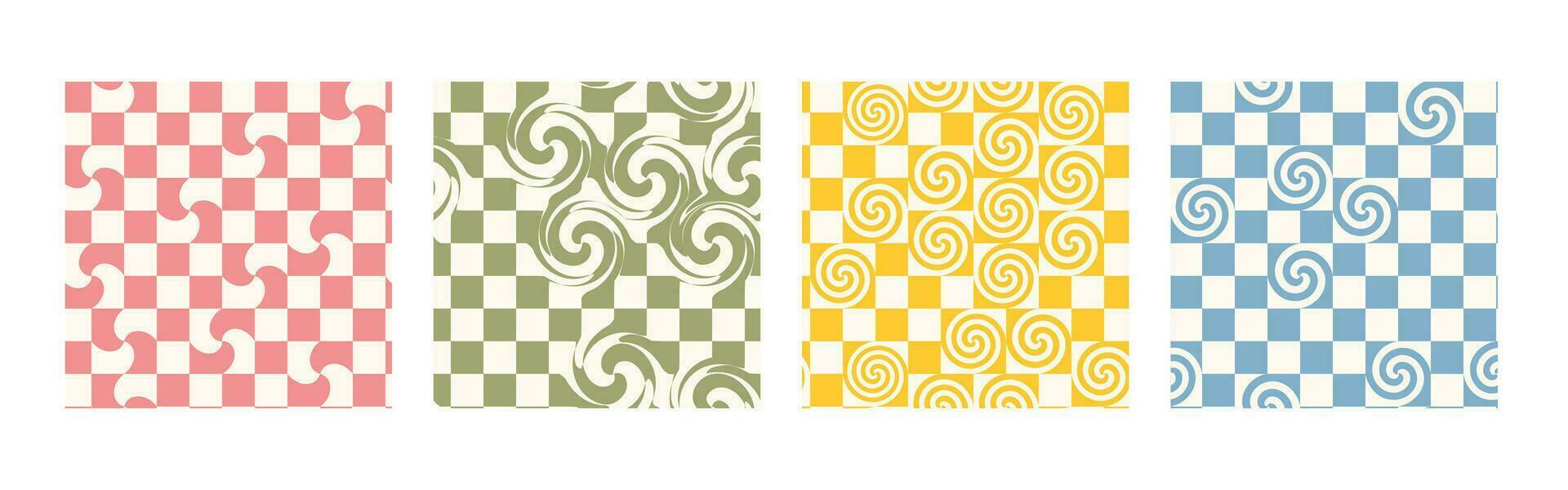 Retro groovy checkerboard with swirl seamless pattern set vector