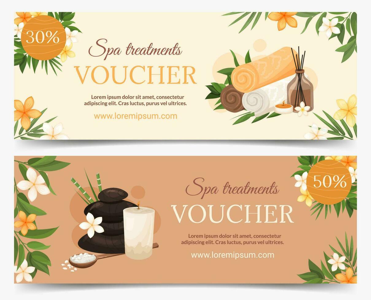 Spa treatments discount voucher set horizontal template. vector