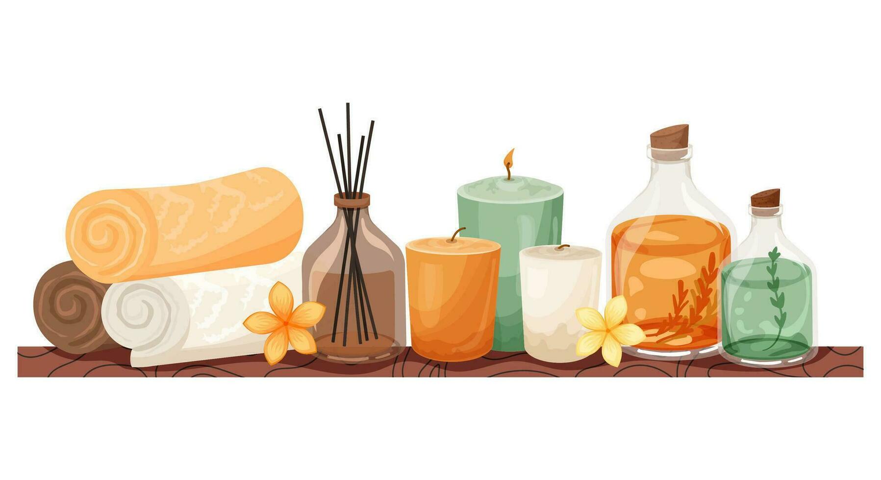 Pile of rolled towels, candles, aroma sticks in bottle on wood shelf vector