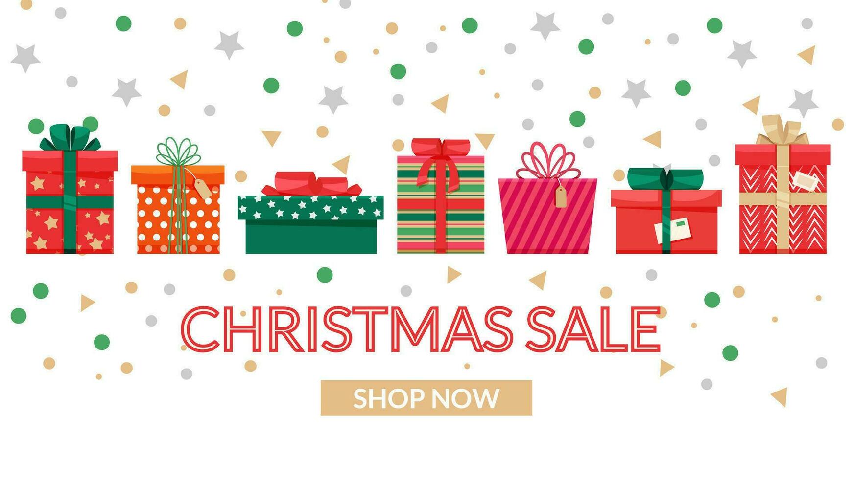 Christmas sale banner template with festive decoration. Gift boxes, present with ribbons. Vector illustration