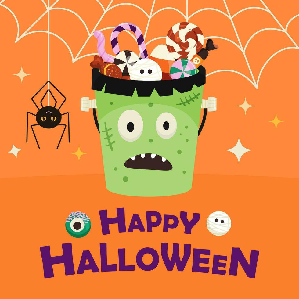 Halloween card design with bucket Frankenstein full of sweets vector