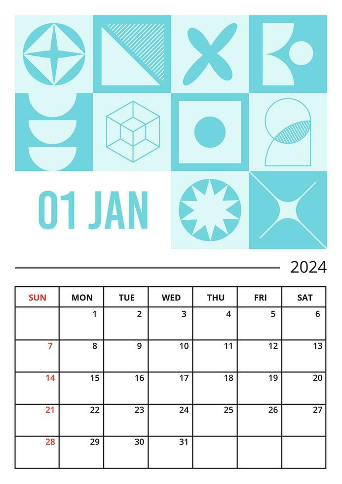 Planner vertical page on January 2024 year template of Brutalist style design vector