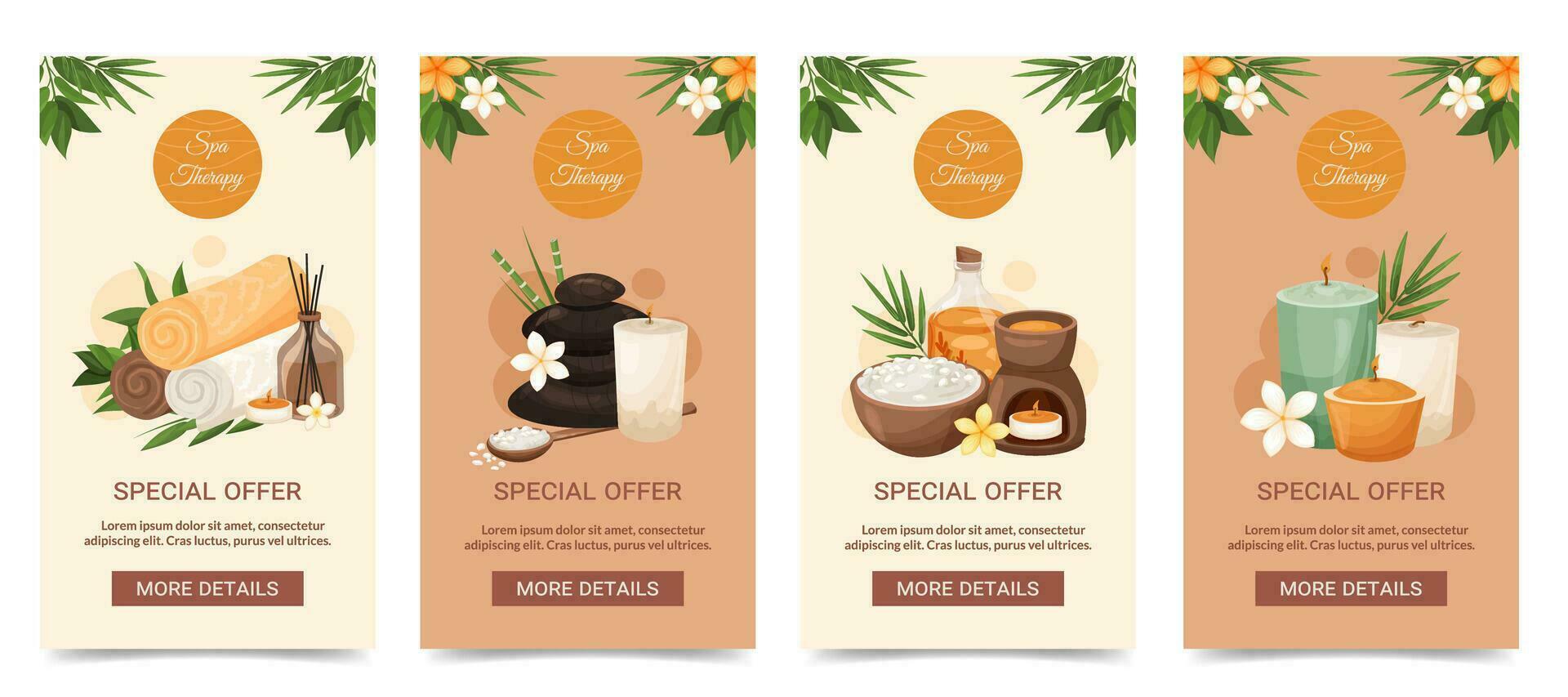 Social media story and front page cover templates spa collection. Special offer design with exotic flowers, bamboo leaves, cosmetics, aromatherapy. Promotional spa salon branding vector Illustration