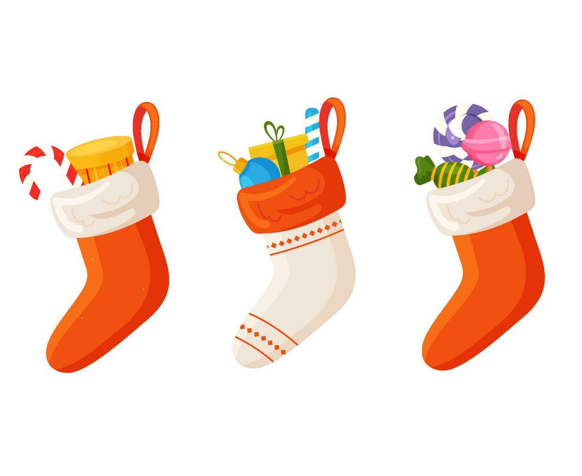 Navidad calcetines con regalos dentro conjunto vector