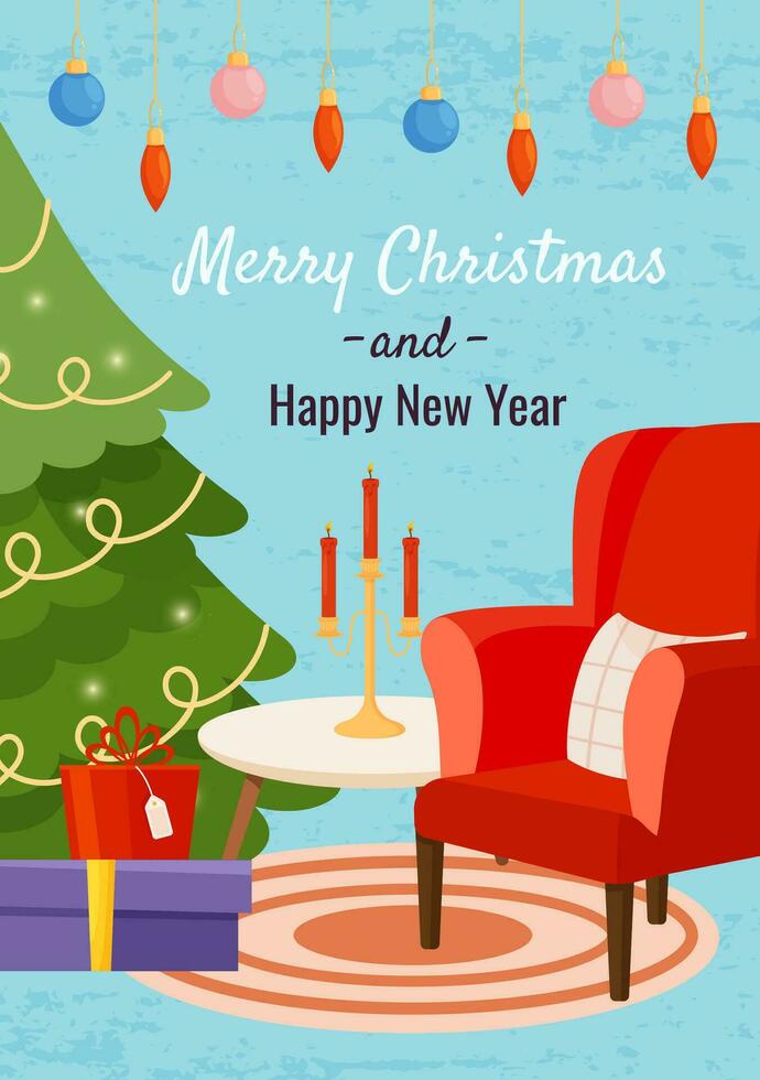 Merry Christmas and Happy New Year greeting postcard with red armchair and Christmas tree. Candlestick with red candles on the table. Card with Blue background and festive interior vector