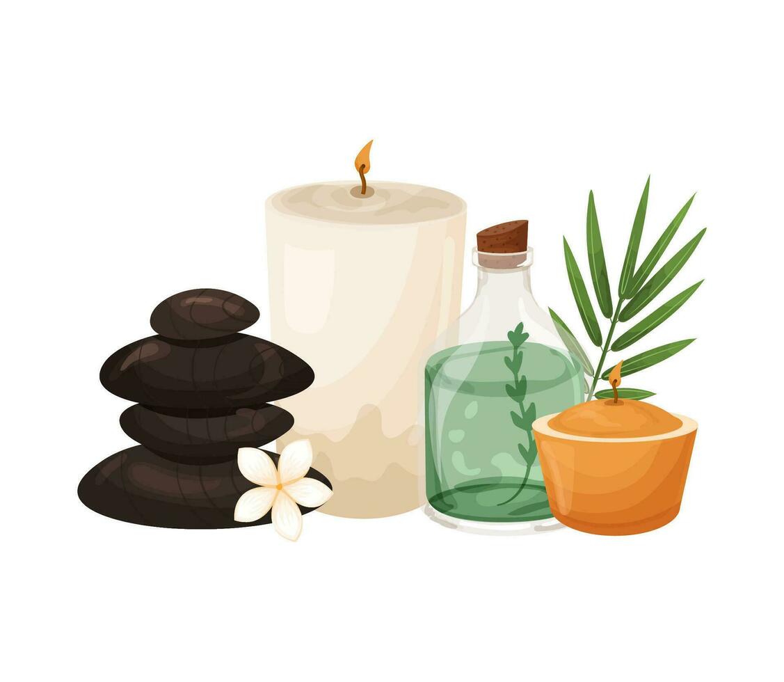 Hot stones, candles, glass bottle with cosmetic oil with flowers inside, spa vector