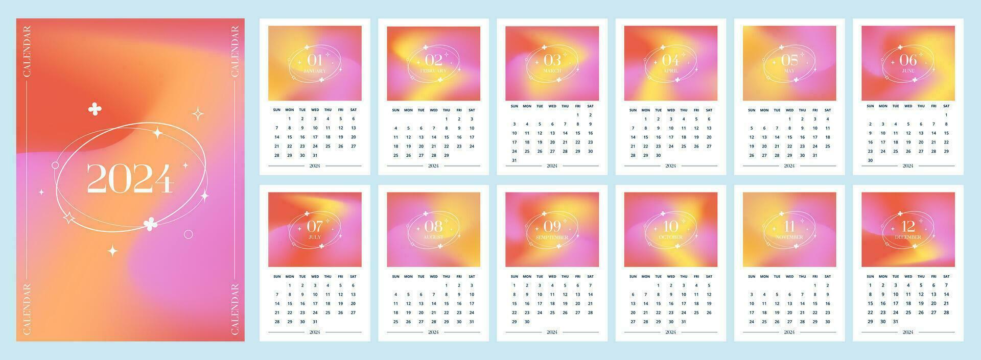 Calendar 2024 year vertical pages monthly of Vivid Gradient liquid waves vector
