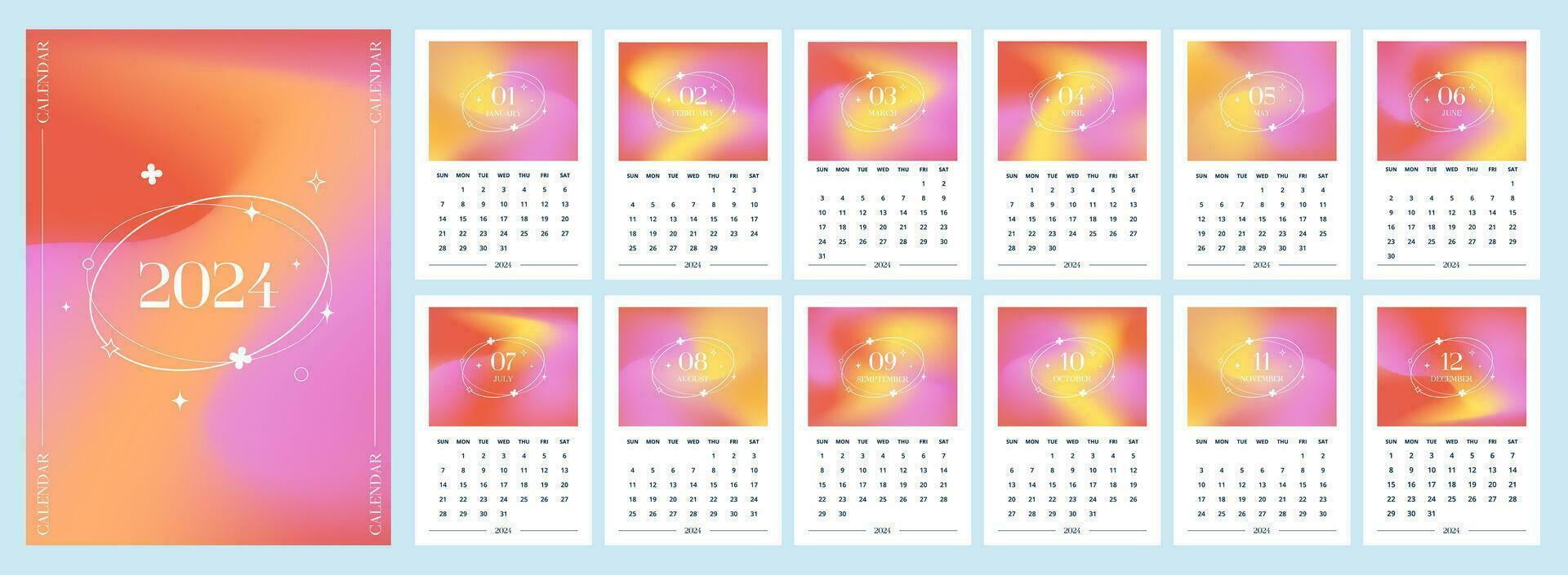 calendario 2024 año vertical paginas mensual de vívido degradado líquido olas vector