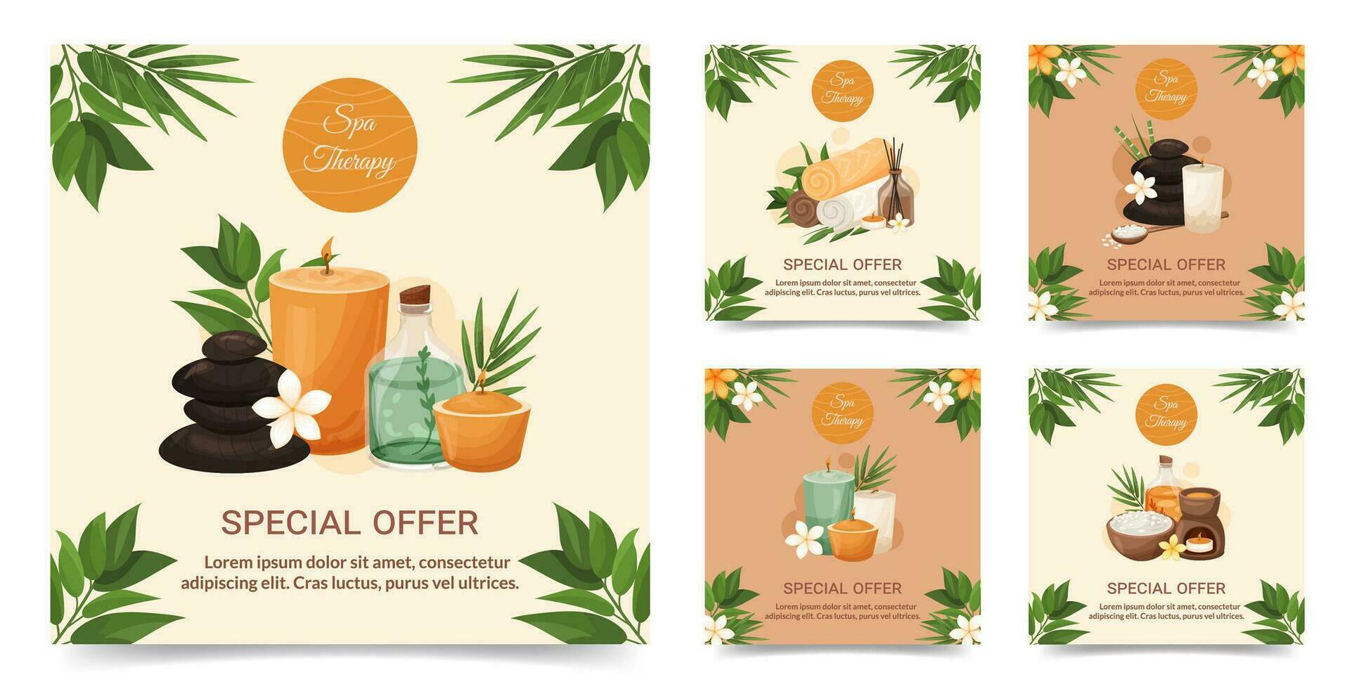 social medios de comunicación enviar spa plantillas colección especial oferta bandera diseño con flores, tropical hojas, aroma velas, caliente piedras salón terapia, relajarse, natural productos, belleza cuidado vector ilustración