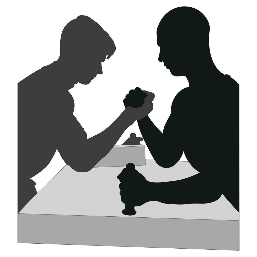 Arm wrestling silhouette image, powerful handshake. Muscular strong people, men, man, male. Two muscular arms that are wrestling. vector
