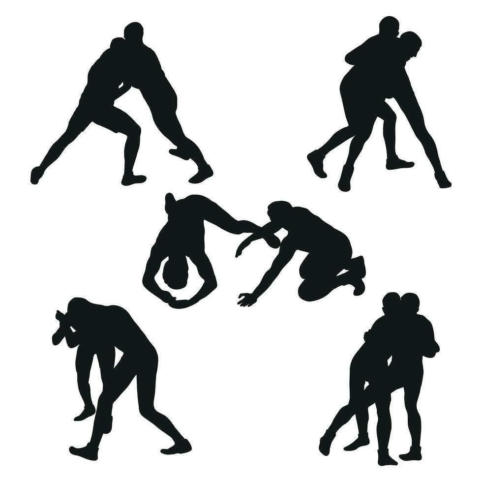 Set of silhouettes people fighting, MMA fighters. Greco Roman wrestling, fight, combating, struggle, grappling, duel, mixed martial art, sportsmanship vector