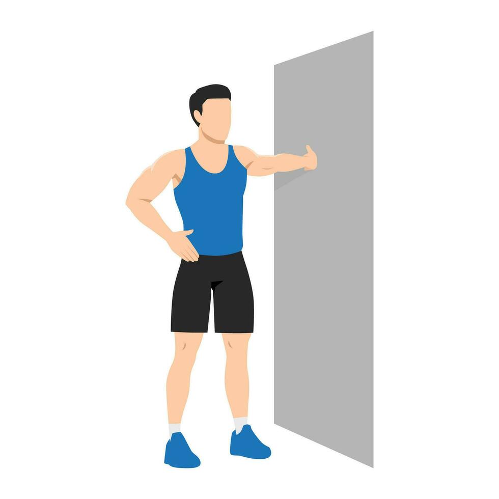 Man doing Chest stretch exercise on a wall. Standing one arm chest stretch. vector