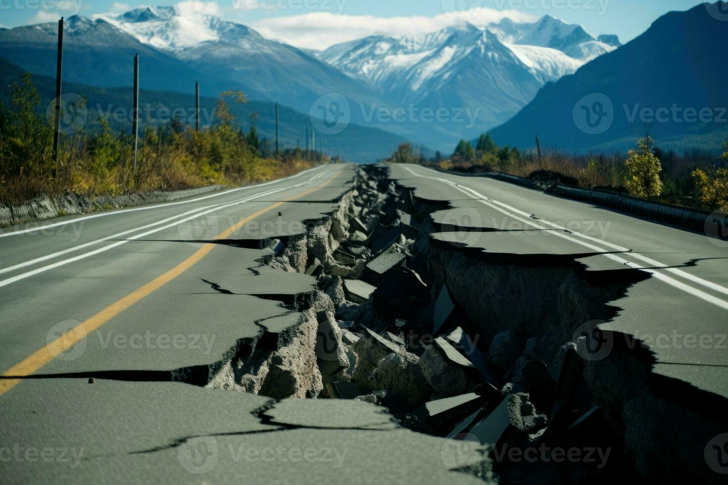 Disrupted Cracks road after earthquake. Generate Ai photo