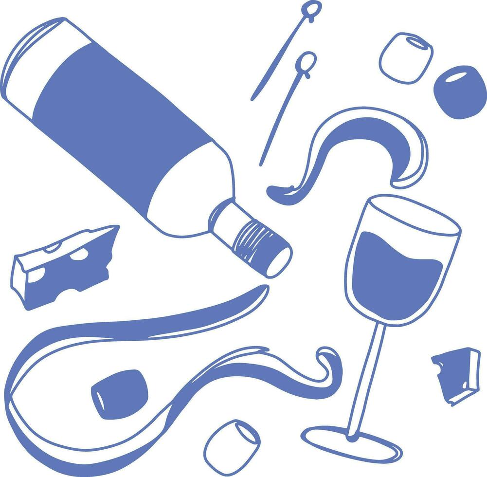 Line wine bottle and glass in blue color, vector flat illustration