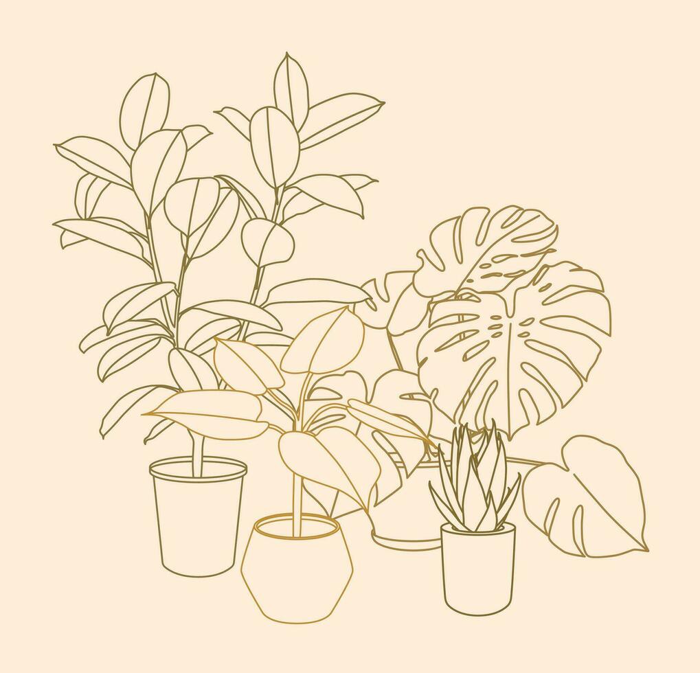 Houseplants line art illustration group. Scandinavian cozy home decor silhouette symbols. Flat vector cartoon icon illustrations of house plants isolated.