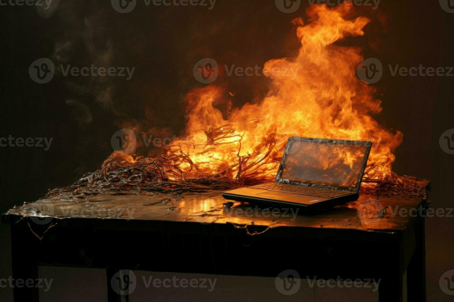 Dangerous Burning laptop table flame. Generate Ai photo