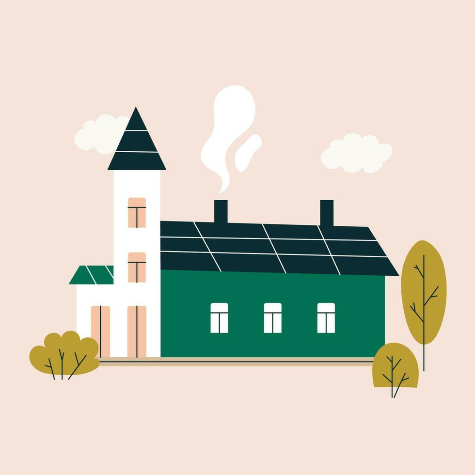 Cute village church surrounded by green trees and white clouds. Simple illustration in flat style. Scandinavian church with windows and smoke from a chimney. Vector stock illustration.